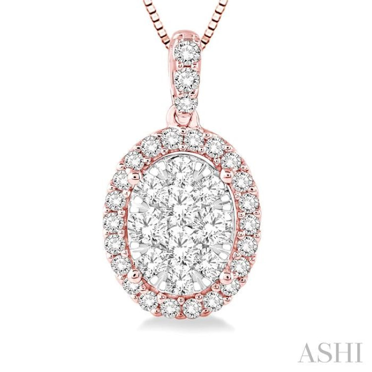 1/3 Ctw Oval Shape Diamond Lovebright Pendant in 14K Rose and White Gold with Chain