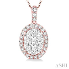 1/3 Ctw Oval Shape Diamond Lovebright Pendant in 14K Rose and White Gold with Chain