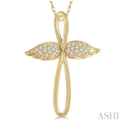 1/10 Ctw Twisted Cross Angel Wings Round Cut Diamond Pendant With Chain in 10K Yellow Gold