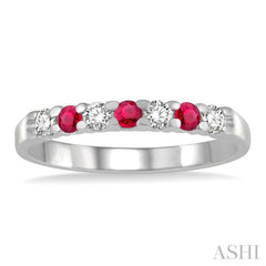 1/5 ctw Round Cut Diamond and 2.3MM Ruby Precious Wedding Band in 14K White Gold