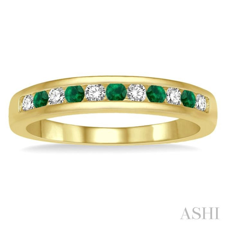 1/5 ctw Round Cut Diamond and 2MM Emerald Precious Wedding Band in 14K Yellow Gold