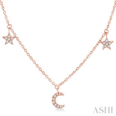 1/8 ctw Star and Moon Crescent Round Cut Diamond Necklace in 14K Rose Gold