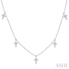 1/3 Ctw Cross Charm Round Cut Diamond Station Necklace in 14K White Gold