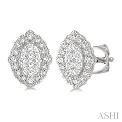 1/4 ctw Lattice Edge Oval Shape Lovebright Round Cut Diamond Earrings in 14K White Gold