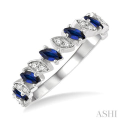 1/10 Ctw Marquise Shape 4x2 MM Sapphire and Round Cut Diamond Precious Band in 14K White Gold