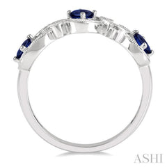 1/20 ctw Entwined Open Lattice 4x3MM Oval Cut Sapphire and Round Cut Diamond Precious Wedding Band in 14K White Gold