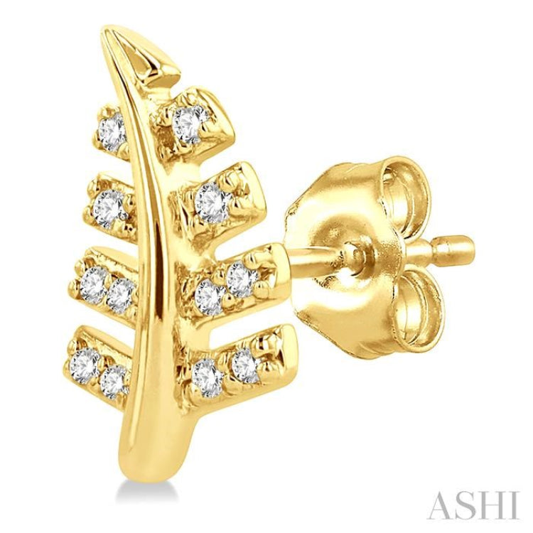 1/10 Ctw Fern Leaf Petite Round Cut Diamond Fashion Stud Earring in 10K Yellow Gold