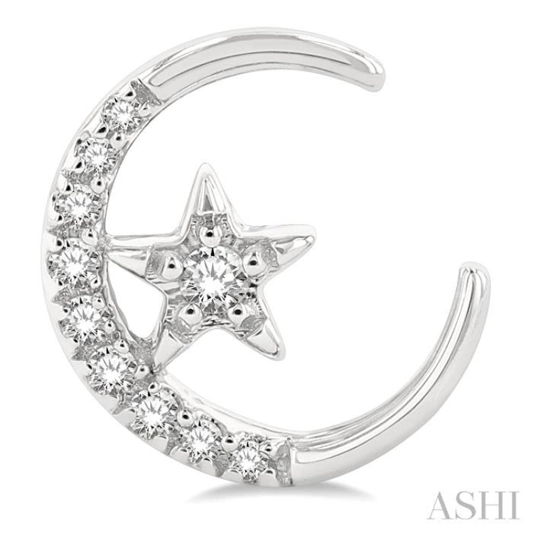 1/10 ctw Crescent Moon and Star Round Cut Petite Diamond Fashion Stud Earring in 10K White Gold