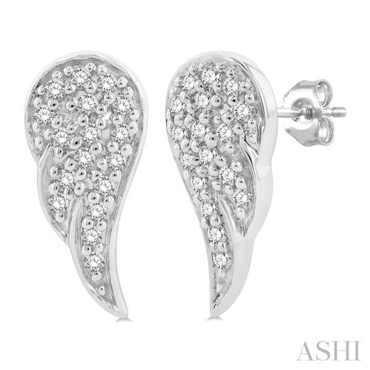 1/10 ctw Petite Angel Wings Round Cut Diamond Fashion Stud Earring in 10K White Gold