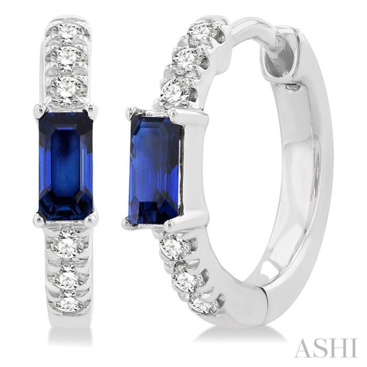 1/8 ctw Petite 4X2 MM Sapphire and Round Cut Diamond Fashion Huggies in 10K White Gold