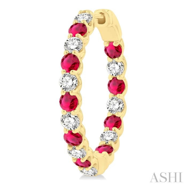 1 1/4 Ctw Interior & Exterior 2.7 MM Ruby and Round Cut Diamond Precious Hoop Earring in 14K Yellow Gold