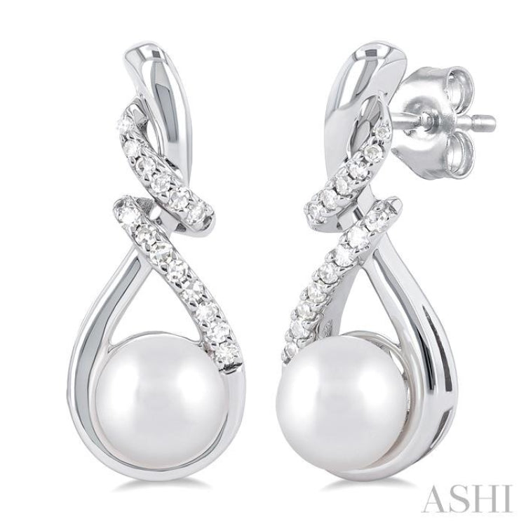 1/6 ctw Swirl Top 6X6 MM Cultured Pearl and Round Cut Diamond Fashion Earring in 10K White Gold