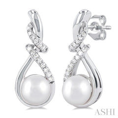 1/6 ctw Swirl Top 6X6 MM Cultured Pearl and Round Cut Diamond Fashion Earring in 10K White Gold