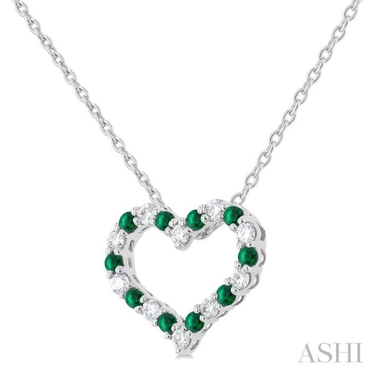 1/8 ctw Open Heart 1.4 MM Round Cut Emerald and Round Cut Diamond Precious  Fashion Pendant With Chain in 14K White Gold