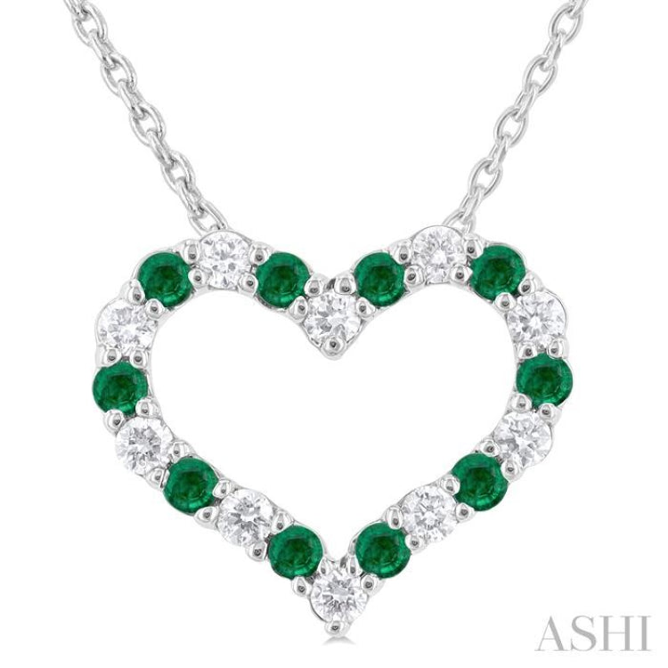 1/8 ctw Open Heart 1.4 MM Round Cut Emerald and Round Cut Diamond Precious  Fashion Pendant With Chain in 14K White Gold