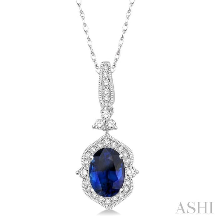 6x4 MM Oval Shape Sapphire and 1/5 Ctw Diamond Precious Pendant in 14K White Gold with Chain