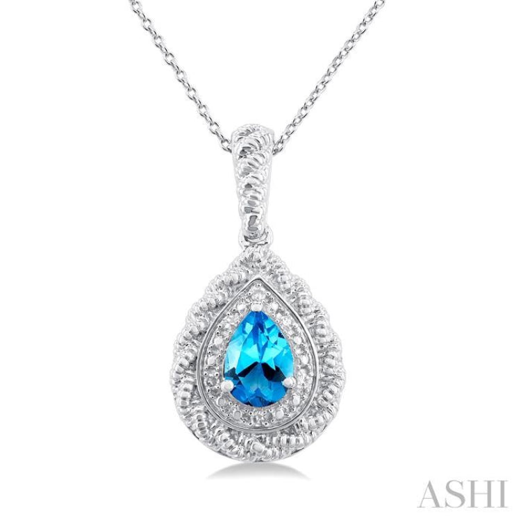 1/20 ctw Pear Cut 7X5 MM Blue Topaz and Round Cut Diamond Semi Precious Pendant With Chain in Sterling Silver