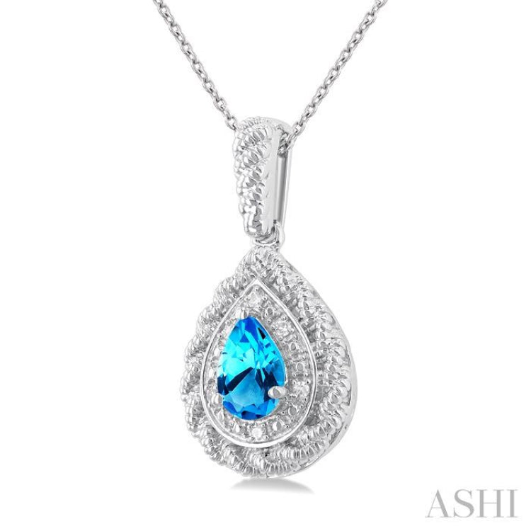 1/20 ctw Pear Cut 7X5 MM Blue Topaz and Round Cut Diamond Semi Precious Pendant With Chain in Sterling Silver