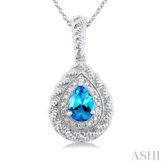 1/20 ctw Pear Cut 7X5 MM Blue Topaz and Round Cut Diamond Semi Precious Pendant With Chain in Sterling Silver