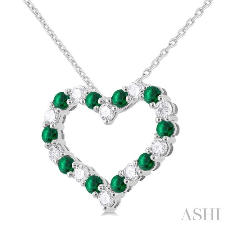 1/2 ctw Open Heart 2.3 MM Round Cut Emerald and Round Cut Diamond Precious  Fashion Pendant With Chain in 14K White Gold