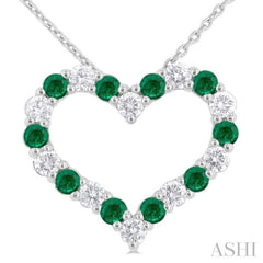 1/2 ctw Open Heart 2.3 MM Round Cut Emerald and Round Cut Diamond Precious  Fashion Pendant With Chain in 14K White Gold