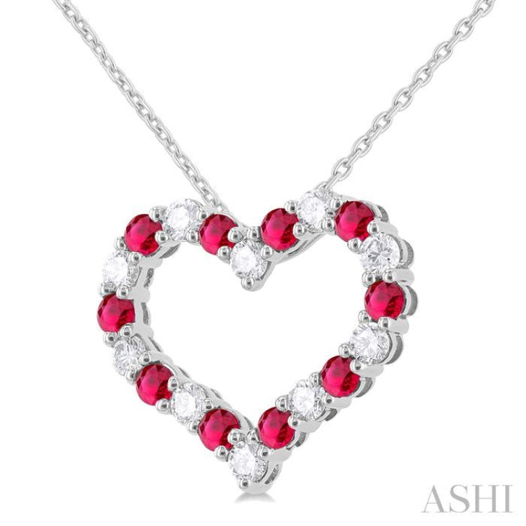 1/2 ctw Open Heart 2.3 MM Round Cut Ruby and Round Cut Diamond Precious Fashion Pendant With Chain in 14K White Gold