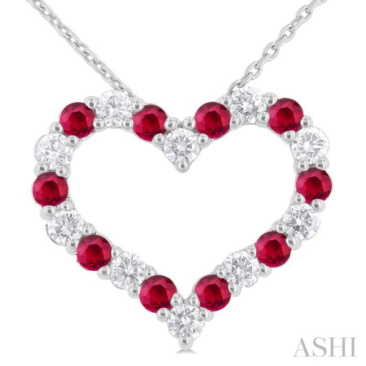 1/2 ctw Open Heart 2.3 MM Round Cut Ruby and Round Cut Diamond Precious Fashion Pendant With Chain in 14K White Gold