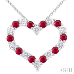 1/2 ctw Open Heart 2.3 MM Round Cut Ruby and Round Cut Diamond Precious Fashion Pendant With Chain in 14K White Gold