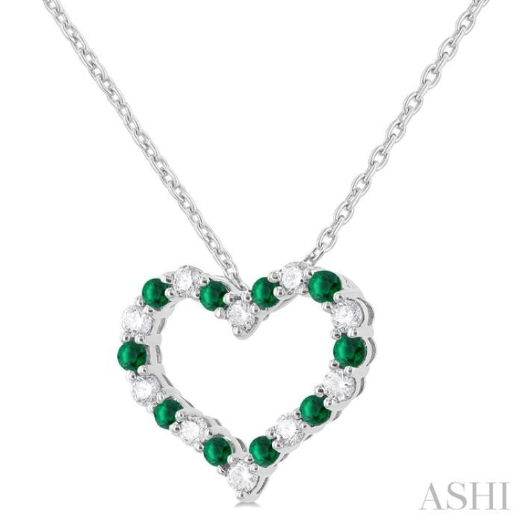 1/4 ctw Open Heart 1.80 MM Round Cut Emerald and Round Cut Diamond Precious  Fashion Pendant With Chain in 14K White Gold