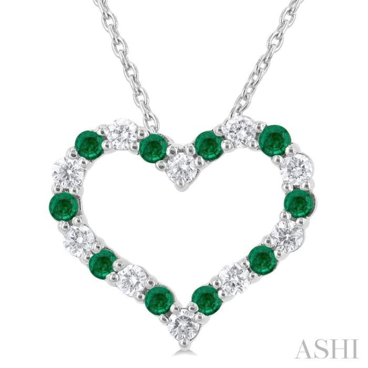 1/4 ctw Open Heart 1.80 MM Round Cut Emerald and Round Cut Diamond Precious  Fashion Pendant With Chain in 14K White Gold