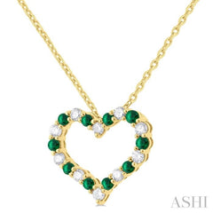 1/4 ctw Open Heart 1.80 MM Round Cut Emerald and Round Cut Diamond Precious  Fashion Pendant With Chain in 14K Yellow Gold