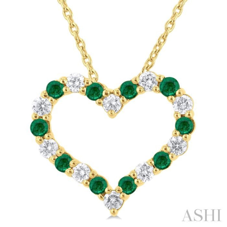 1/4 ctw Open Heart 1.80 MM Round Cut Emerald and Round Cut Diamond Precious  Fashion Pendant With Chain in 14K Yellow Gold