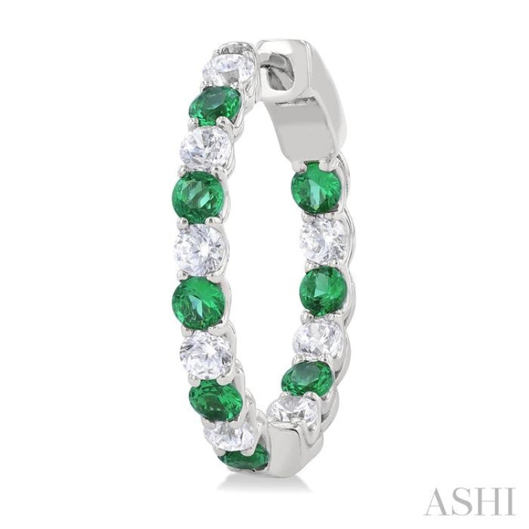 5/8 Ctw Interior & Exterior 2.4 MM Emerald and Round Cut Diamond Precious Hoop Earring in 14K White Gold