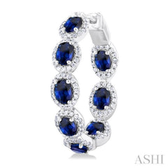 3/4 ctw Interior & Exterior 4X3 MM Oval Shape Sapphire and Round Cut Diamond Halo Precious Hoop Earring in 14K White Gold