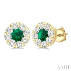 1/2 ctw Lovebright 3.3MM Emerald and Round Cut Diamond Precious Stud Earring in 14K Yellow Gold