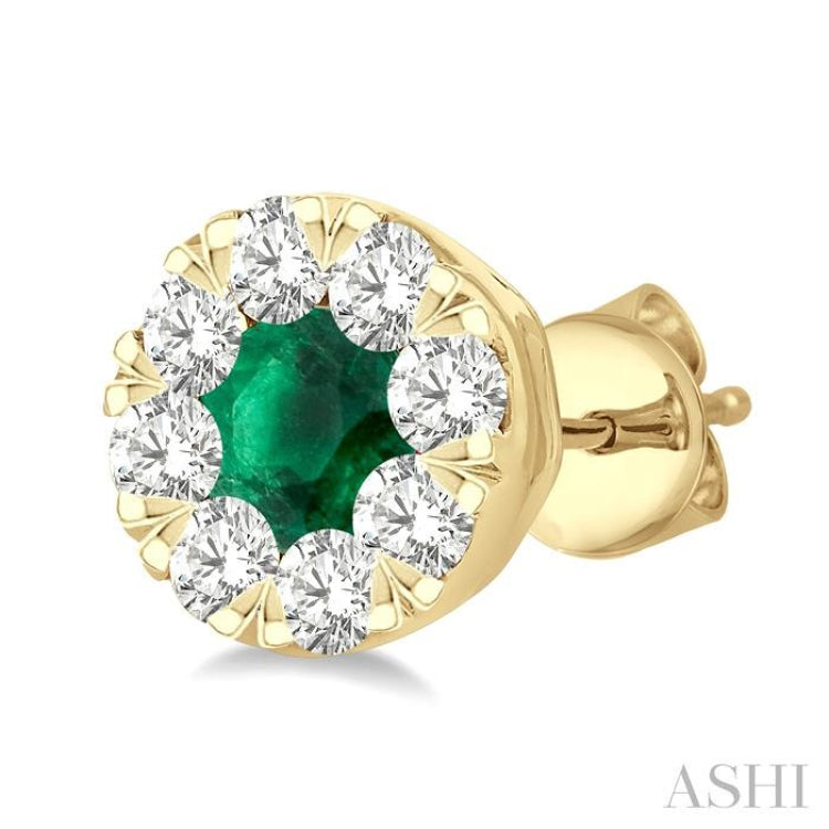 1/2 ctw Lovebright 3.3MM Emerald and Round Cut Diamond Precious Stud Earring in 14K Yellow Gold