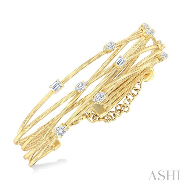 1 1/2 Ctw Criss Cross Mixed Diamond Cut Fashion Spring Bangle in 14K Yellow Gold