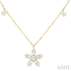 3/8 ctw Petite Floral Dangle Baguette and Round Cut Diamond Station Necklace in 10K Yellow Gold
