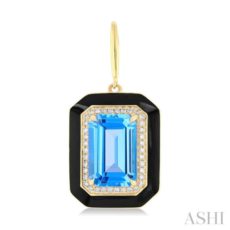 12x8 MM Emerald Cut Blue Topaz and 1/3 ctw Round Cut Diamond Halo & Black Enamel Border Semi Precious Earrings in 14K Yellow Gold
