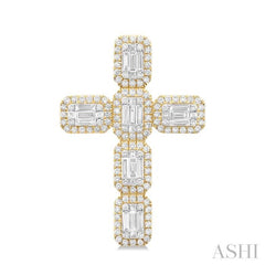 1 1/2 ctw Cross Fusion Baguette and Round Cut Diamond Fashion Pendant in 14K Yellow and White Gold