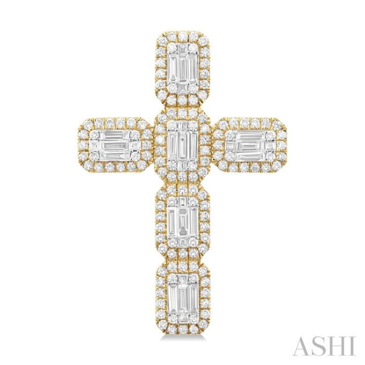 1 1/2 ctw Cross Fusion Baguette and Round Cut Diamond Fashion Pendant in 14K Yellow and White Gold