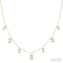 1/2 ctw Dangle Fusion Baguette and Round Cut Diamond Station Necklace in 10K Yellow Gold
