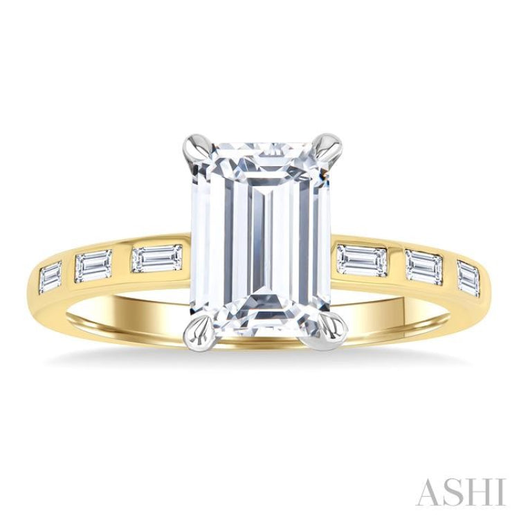 1/4 Ctw Emerald Shape Baguette and Round Cut Diamond Semi-Mount Engagement Ring in 14K Yellow and White Gold