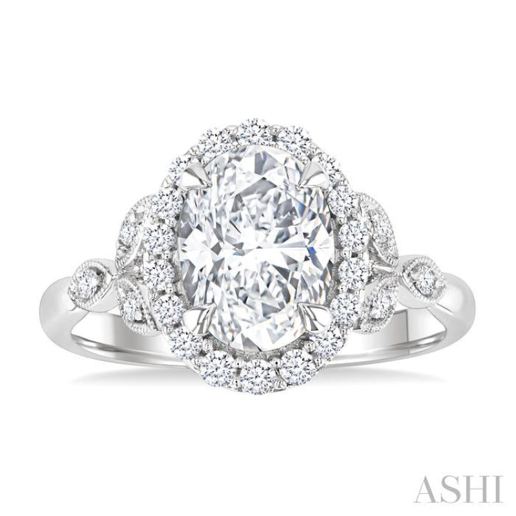 1/3 Ctw Oval Shape Carved Shank Round Cut Diamond Semi-Mount Engagement Ring in 14K White Gold
