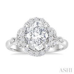 1/3 Ctw Oval Shape Carved Shank Round Cut Diamond Semi-Mount Engagement Ring in 14K White Gold