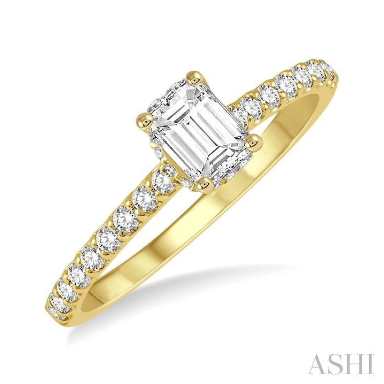1/5 ctw Emerald Shape Round Cut Diamond Semi Mount Engagement Ring in 14K Yellow Gold