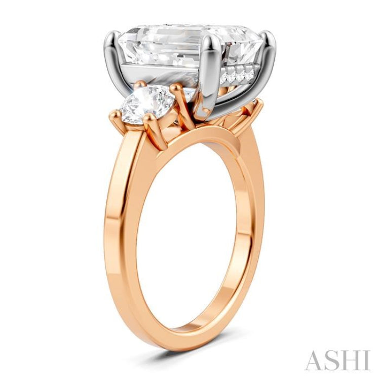 1 1/10 Ctw Tri-Mount Emerald Shape Center Round Cut Diamond Semi-Mount Engagement Ring in 14K Rose and White Gold