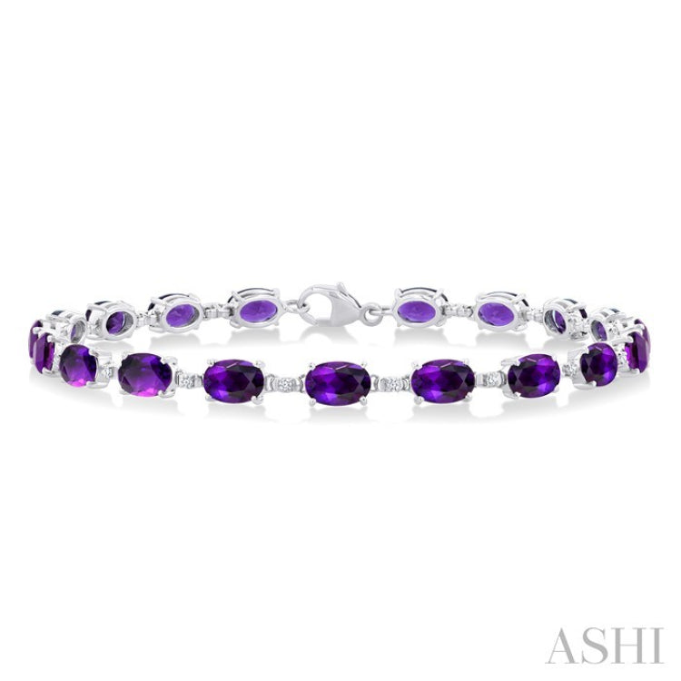 6X4 MM Oval Cut Amethyst and 1/6 Ctw Round Cut Diamond Semi-Precious Tennis Bracelet in 10K White Gold