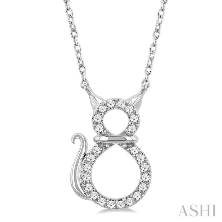 1/10 Ctw Cat Shape Petite Round Cut Diamond Fashion Pendant With Chain in 10K White Gold