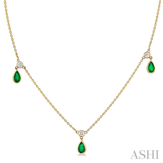 Ashi 1/4 ctw Round Cut Diamonds and 5X3MM Pear Shape Emerald Precious Station Necklace in 14K Yellow Gold